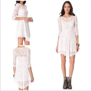 Free People Floral Sheer Lace Dress Asymmetrical 3/4 Sleeves Ivory White Size 2